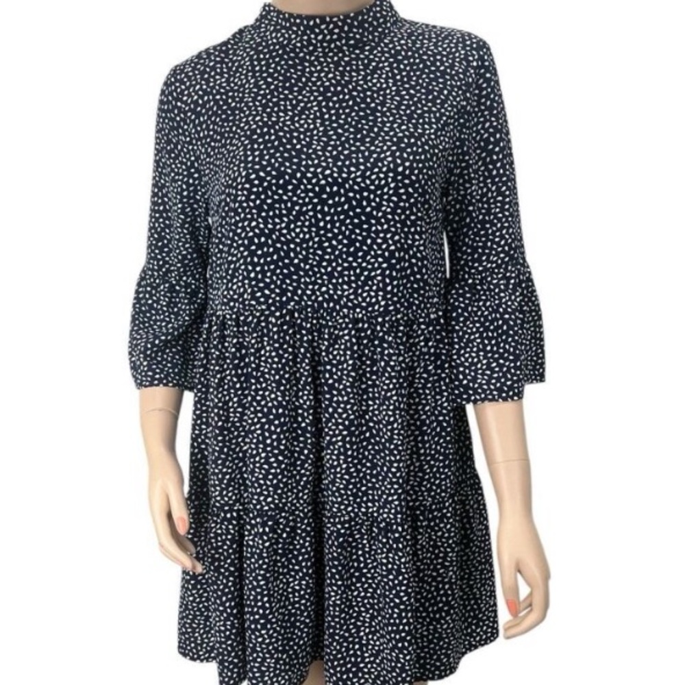 MINKPINK 3/4 Sleeve Navy Print Mock Neck Swing Dress, Medium